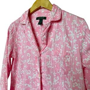 Lauren Ralph Lauren Women's Pink Floral Button-Up Pajama Shirt Sz S Embroidered